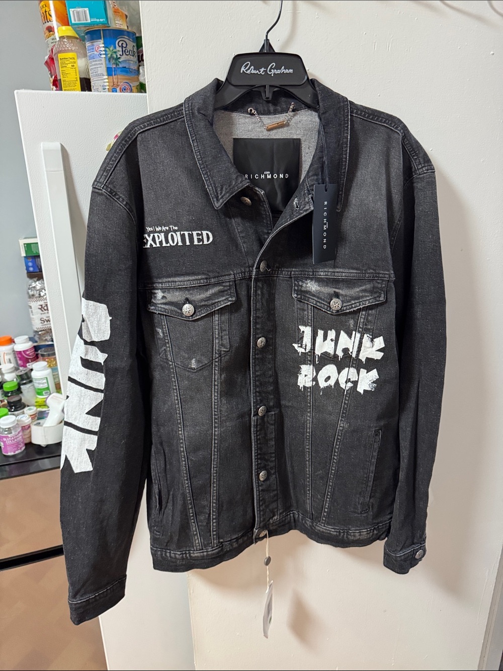 John Richmond Black Graphic Denim Jacket with White Print brand new with tags